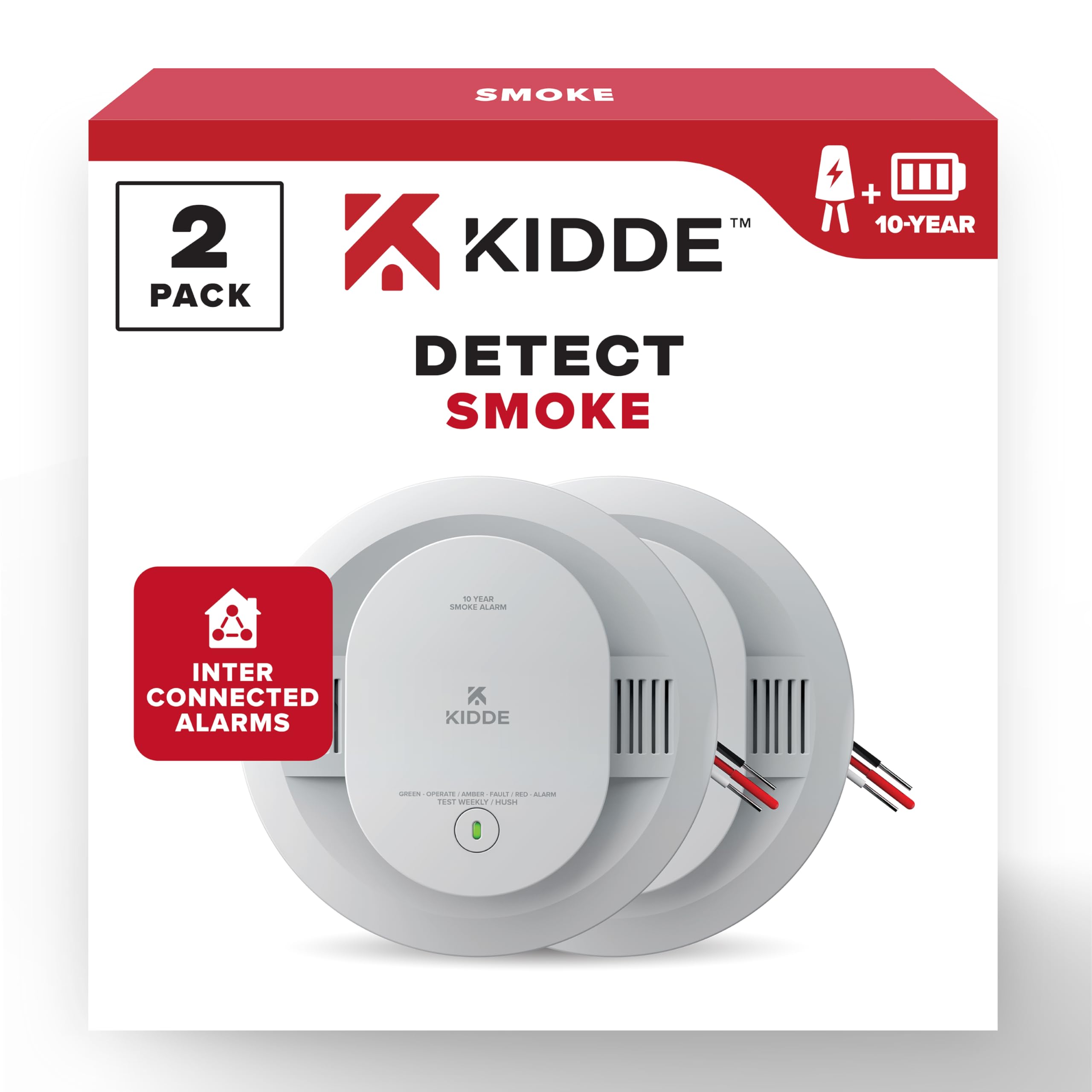 Kidde Hardwired Smoke Detector, 10-Year Battery Backup, Interconnectable, LED Warning Light Indicators, 2 Pack