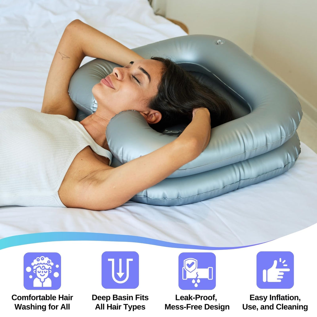 Hair Washing Basin for Bedridden - Inflatable Shampoo Bowl for Disabled, Elderly - Portable Sink For Washing Hair with Neck Support & Drain Hose - Perfect For Curly Hair, Thick Hair & Wash Hair in Bed