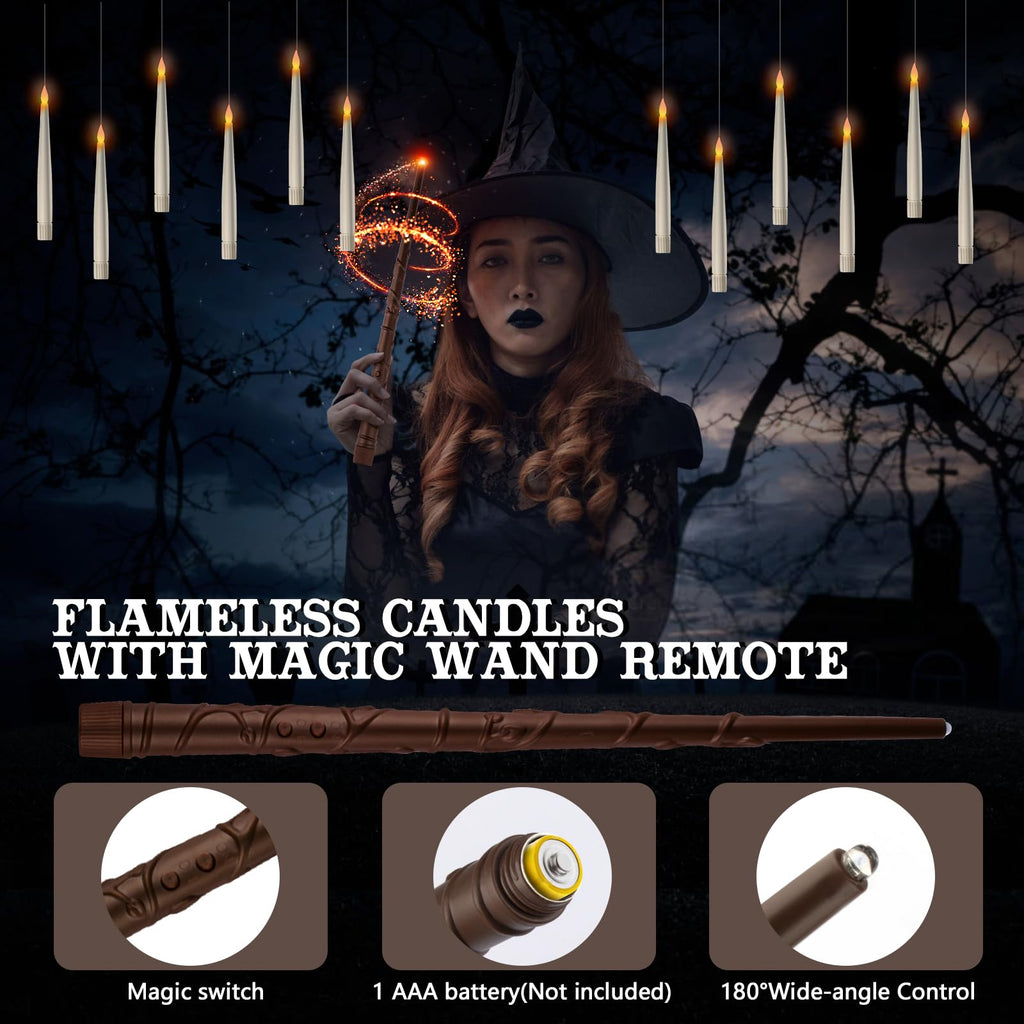 Halloween Decorations, 20pcs Floating Candles with Wand Remote, Flickering Warmer Light Flameless Candles, Magic Hanging Candles with DIY Sticker, Halloween Decorations Decor Indoor Outdoor Party (20)