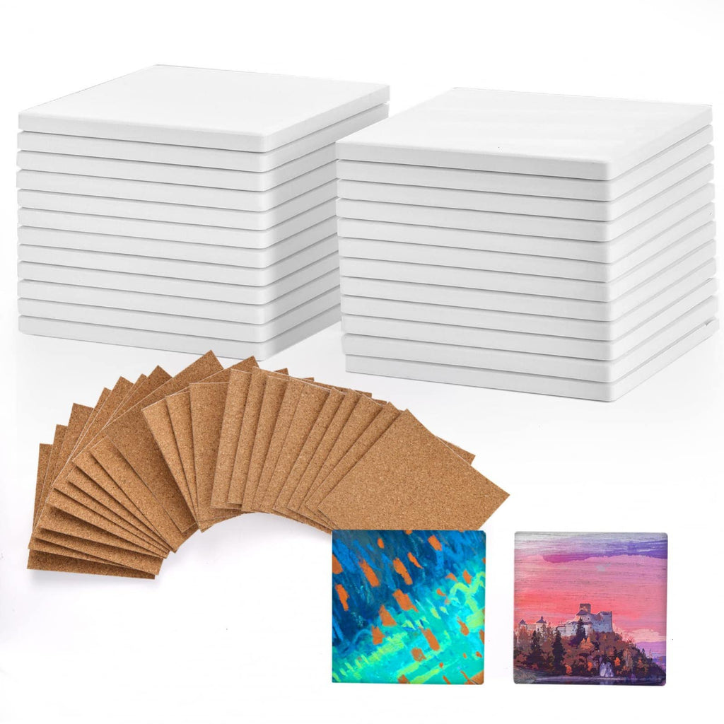 COYMOS 24 Pcs Ceramic Tiles for Crafts Ceramic Coasters for Crafts Blank White Unglazed Ceramic Tile for Painting, Alcohol Ink, Acrylic Pouring - DIY Coaster - Cork Backing Pads Included (4x4 inch)
