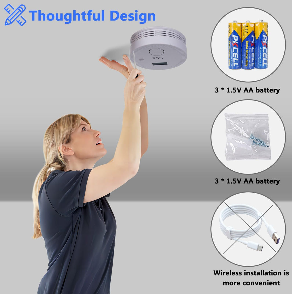 Smoke and Carbon Monoxide Detector, 2 in 1, Smoke & CO Alarm, 85db Sound, LCD Readout, Battery Operation, for Home and Kitchen, Wireless Installation