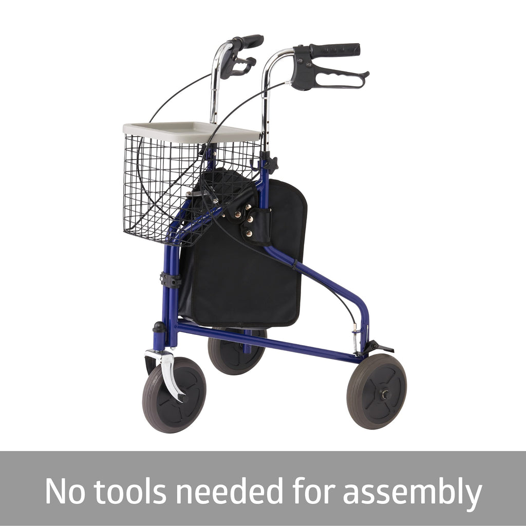 Medline 3-Wheel Ultralight Steel Rollator, Supports up to 275 lbs, 8" wheels, Blue