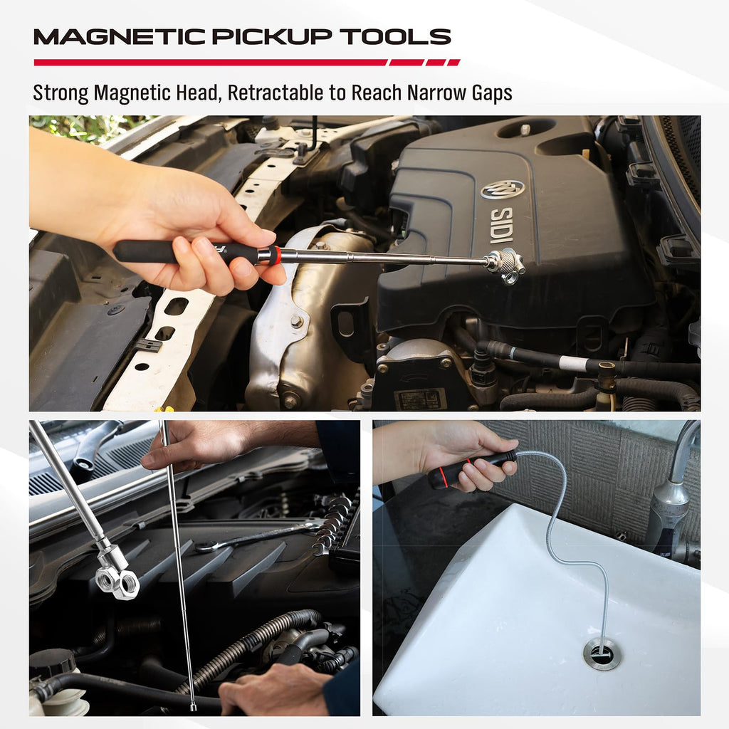 6-Piece Telescoping Magnetic Pickup Tools Set: 31in Portable Magnetic Pickup Stick, 25in Pen-Style Magnetic Pickup Tool, 20in Flexible Bendable Spring Magnet Stick with 4in 9in Magnet Parts Tray