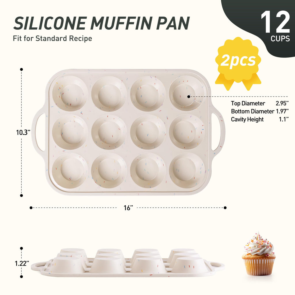 2 Packs 12 Cups Silicone Muffin Pan for Baking with Metal Reinforced Frame Regular Size Cupcake Pan Tray Chocolate Egg Pizza Bites Oven Top Cookie Molds Muffin Tin Tart Pans Sheet Set Bakeware Liner