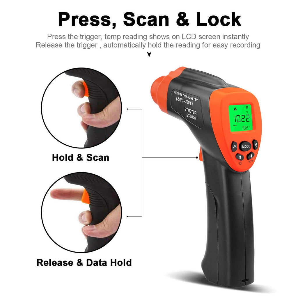 Non-Contact Digital Infrared Thermometer-BTMETER 980G High IR Laser Temp Gun for Kitchen Cooking Grilling Automotive with 16:1 of Distance Spot Ratio Backlit(-58℉-1292℉)(NOT for Human Temp)