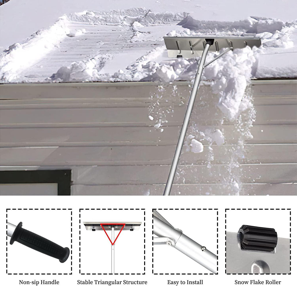 CASUNER 20 Feet Aluminum Snow Rake, with 25.5 Inch Blade, 5 Extension Tubes & Anti-Skid Handle, Efficiently Remove Snow, Leaves, and Debris