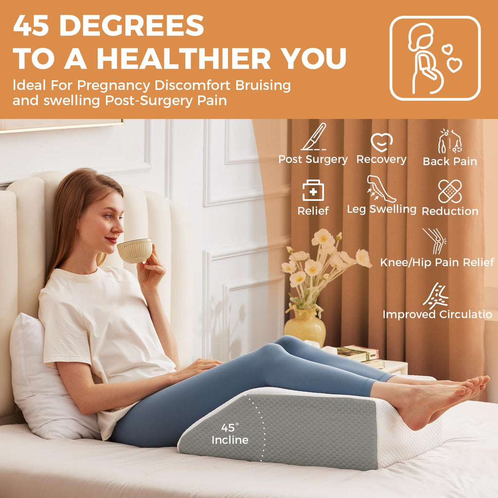 BIEEZZK Leg Pillow Elevation Blood Circulation, Leg Elevation Pillows for After Surgery, Swelling, Leg Elevating Pillows with Cover and Handle, Leg Pillow for Pain Relief, 23.6×16.8×8 Inch, White/Grey