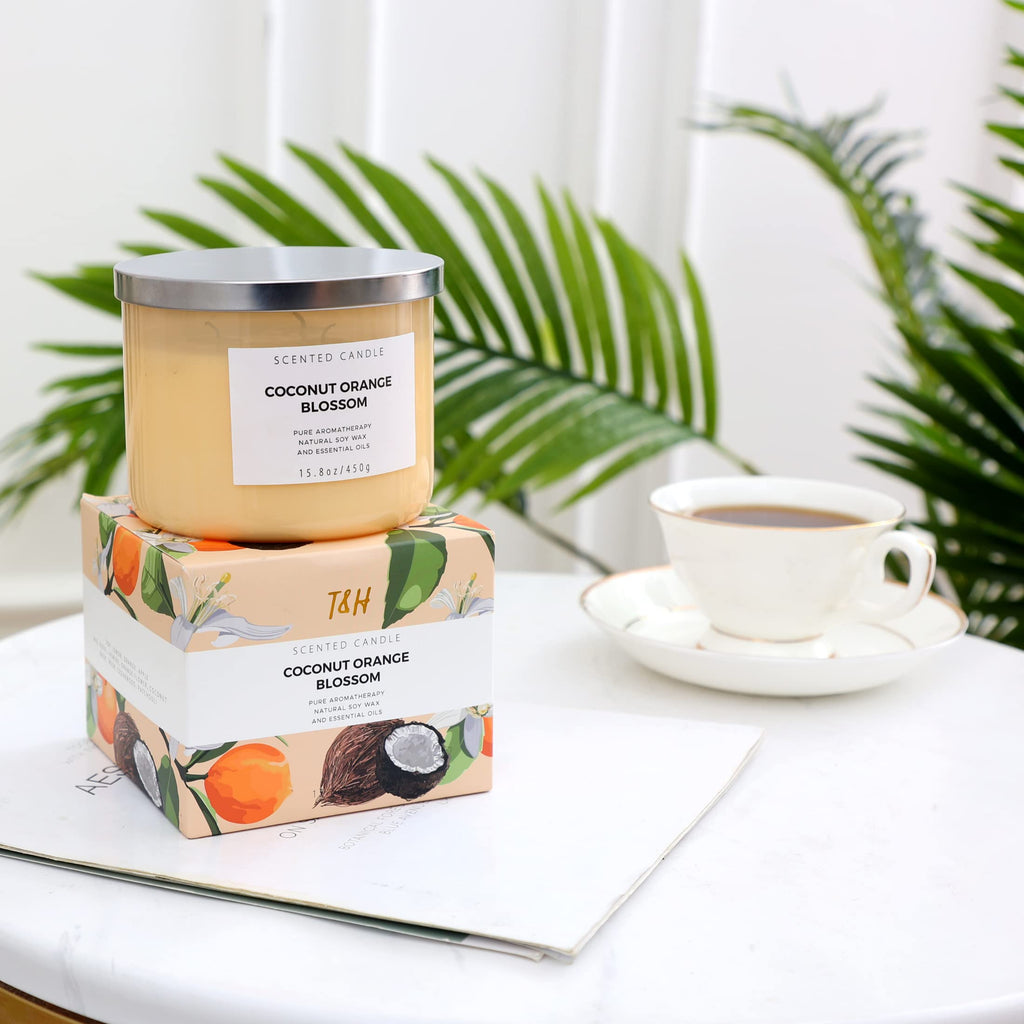 Coconut Orange Blossom 3 Wick Spring Candle - Highly Scented Soy Candles for Home - Large Stress Relief Candles –Aromatherapy Relax Candles for Women & Men 15.8 oz - Clean Burning Soy Candles