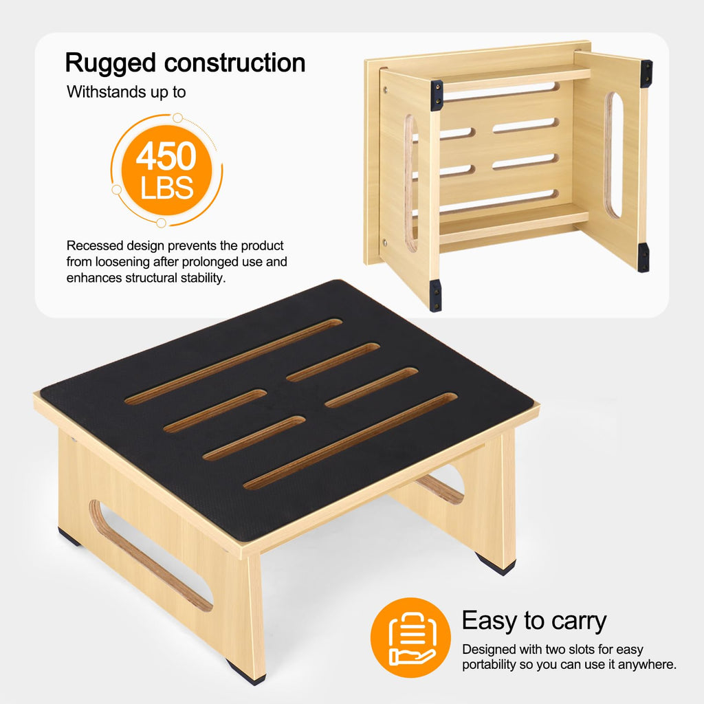 One Step Stool for Adults Seniors with Non-Slip Rubber Stepping Feet, Heavy Duty Platform Step Stools, 450 LB Portable Bed Steps for High Beds for Bathroom,Bedroom,Kitchen & Bedside Support,Light Wood