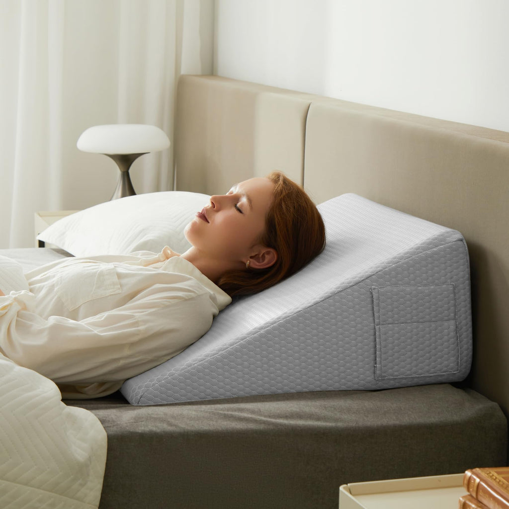 Bedluxe Wedge Pillow for Sleeping, 10 inch Elevated Support Bed Wedge Pillow, Breathable Triangle Pillow Wedge with Cooling Memory Foam Top - Removable Washable Cover, Light Grey