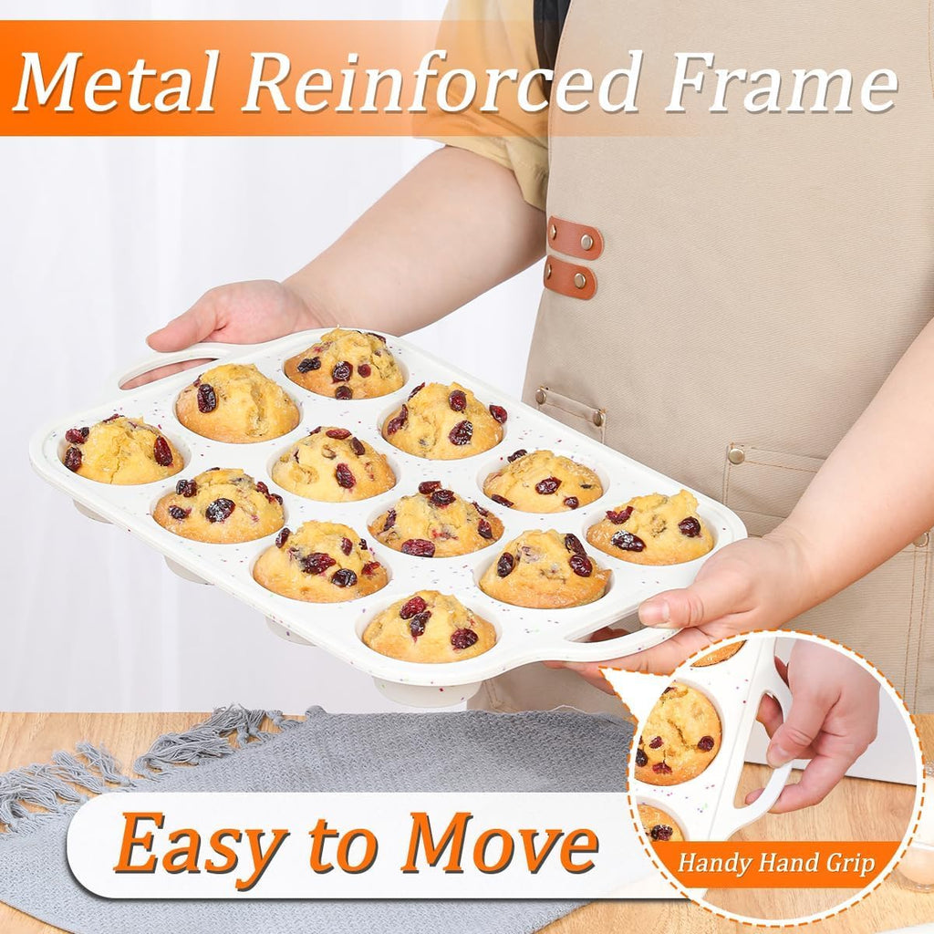 Silicone Muffin Pan, with Metal Reinforced Frame 2.8 Inch Regular Size Silicone Cupcake Pan Nonstick 12 Cups for Baking Homemade Muffins, Cupcakes, Egg Bites 2 Pack Dishwasher Safe BPA Free