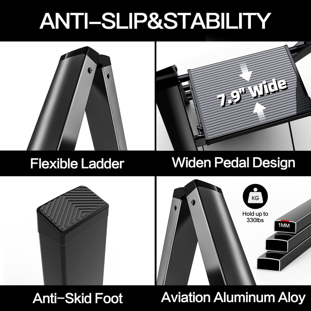 GameGem 3 Step Ladder Folding Step Stool with Anti-Slip Sturdy and Wide Pedal for Adults&Elderly, Aluminum Portable Lightweight Stepladder for Home Kitchen Office, Black, 330lbs