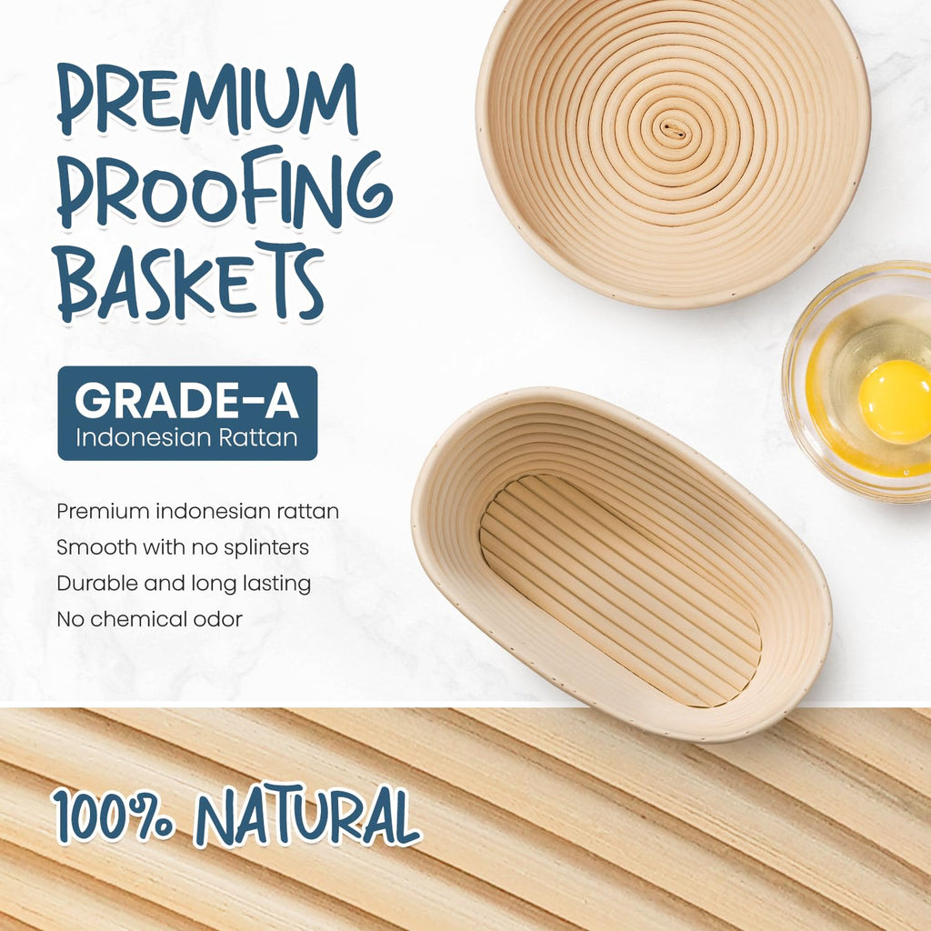 rorecay Banneton Bread Proofing Basket Sourdough Bread Baking Supplies, 9 Inch Round + 10 Inch Oval Proofing Bowls with Dough Whisk Bread Lame Dough Scraper Bread Making Tools and Accessories Set