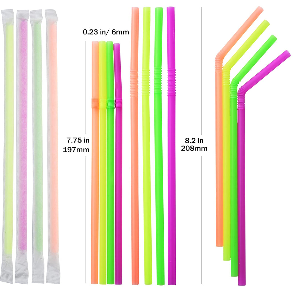 ALINK 1000 Count Neon Flexible Plastic Drinking Straws, Individually Wrapped, Disposable Bendy Straws - 7.75 in x 0.23 in