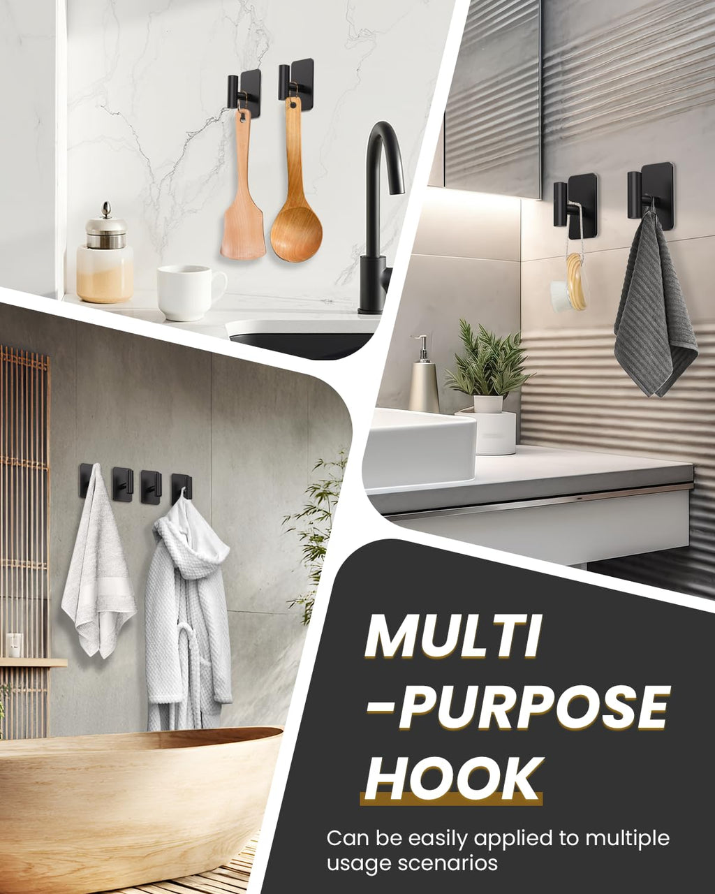 Eowihor Heavy Duty Adhesive Hooks - 26lb Max, Sticky Wall Hooks Waterproof Stainless Steel for Hanging Towel, Coat, Robe, Towel Hooks Stick on Bathroom, Kitchen, Shower, Door (Black, 4 Pack)