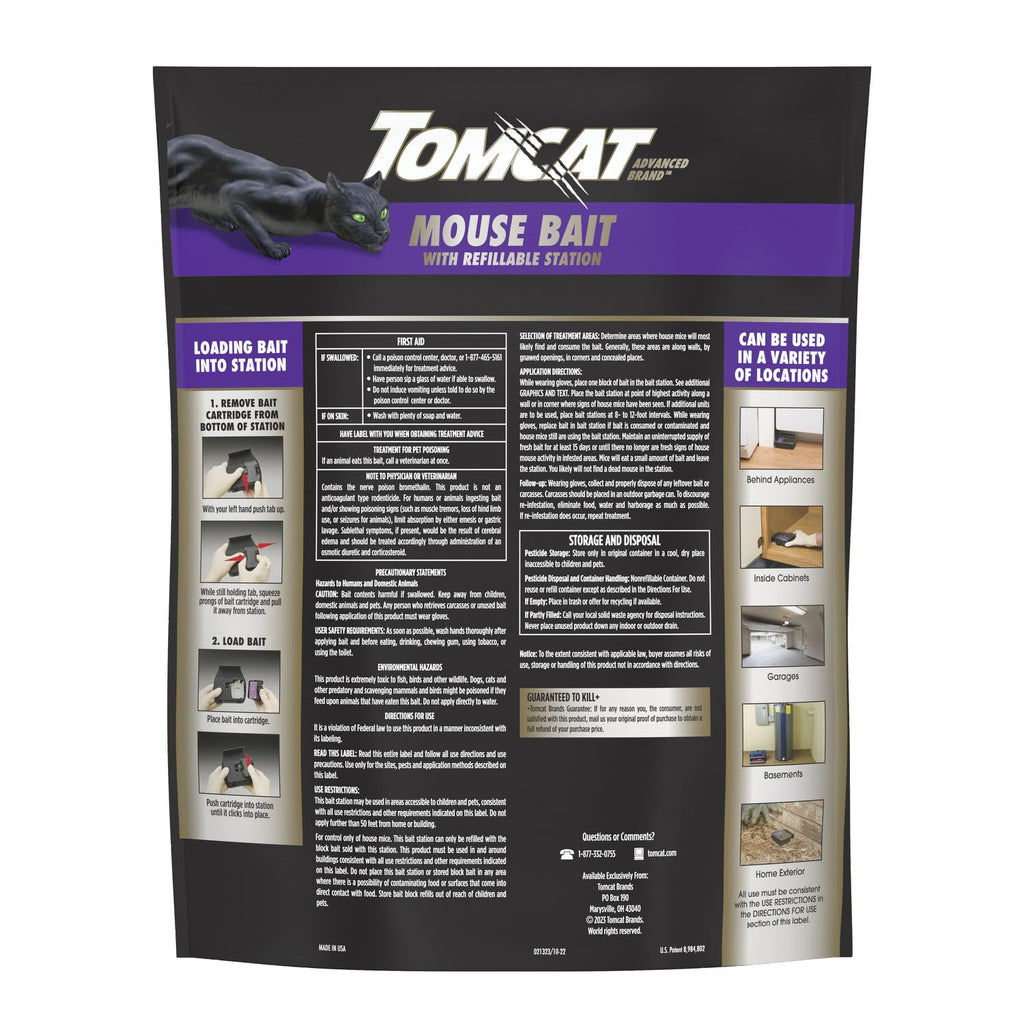 Tomcat Advanced Brand Mouse Bait with Refillable Station, Indoor and Outdoor Use, 1 Station and 12 Poison Block Refills