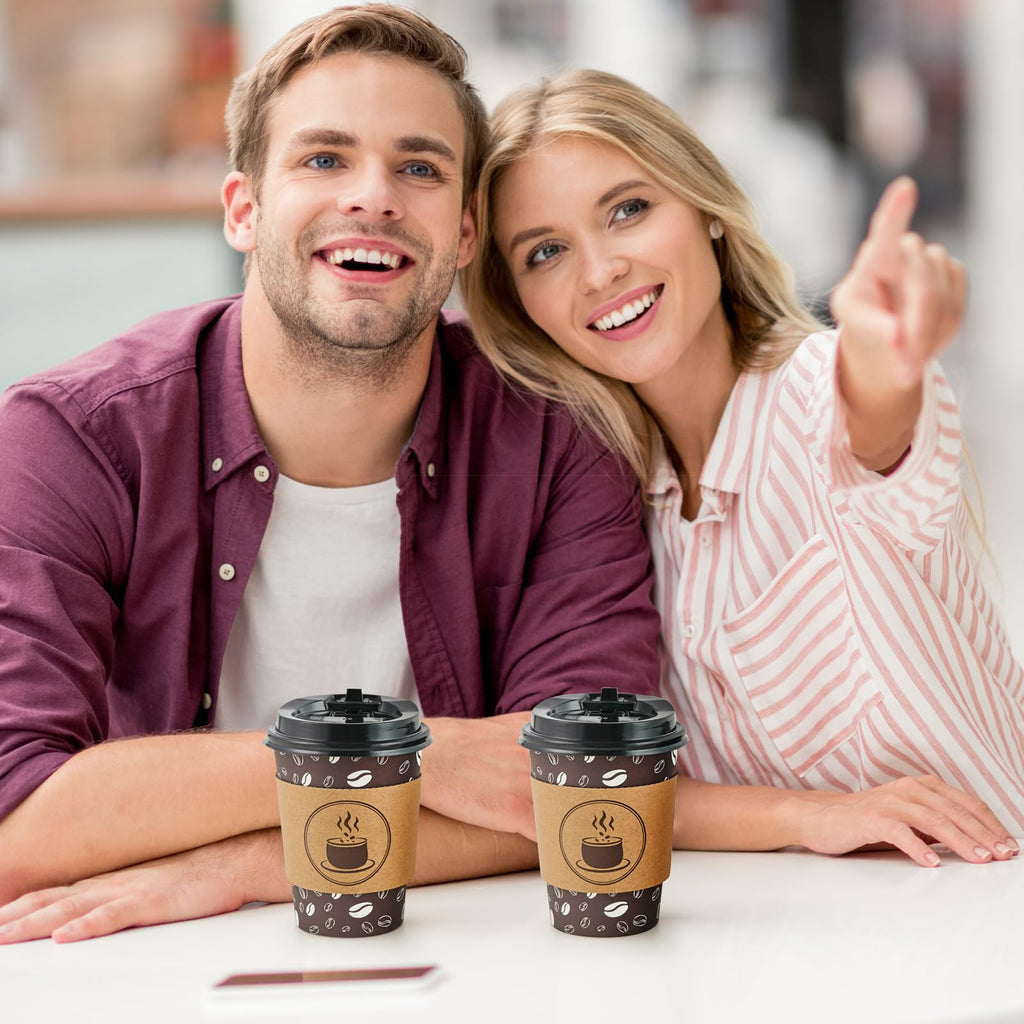 JOLLY PARTY Disposable Coffee Cups with Lids, Sleeves and Straws - 12oz(100 Pack) Paper Coffee Cups with Lids, Durable, BPA Free Hot Coffee Cups for Shops, Cafes, and Concession Stands(Dark Brown)