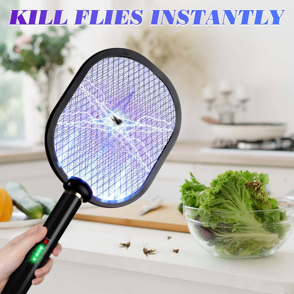 Qualirey 2 Pack Electric Fly Swatter 3000v Bug Zapper Racket 2 in 1 Mosquito Killer with 3 Layers Safety Mesh 20.5 Inch Extra Large USB Rechargeable with 1200mah Battery for Indoor Outdoor(Black)