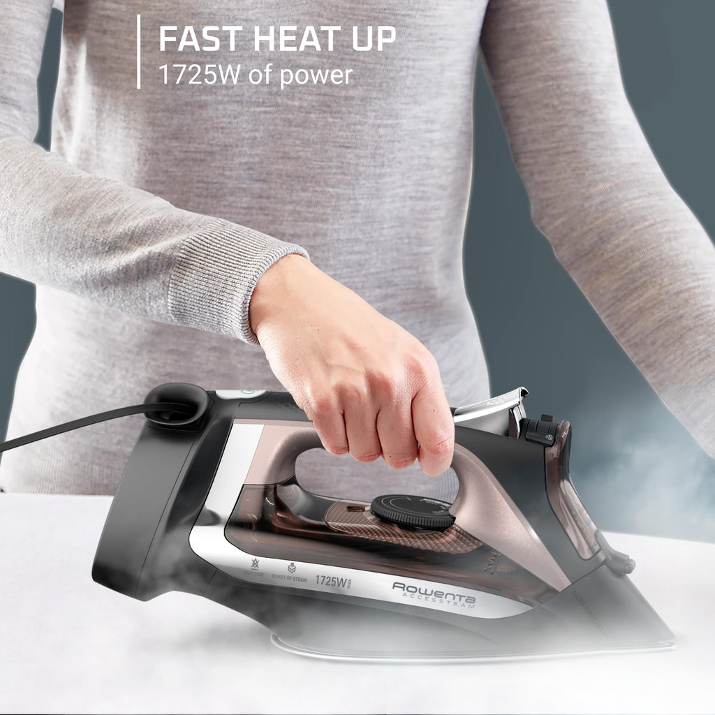 Rowenta, Iron, Access Stainless Steel Soleplate Steam Iron with Retractable Cord, Powerful Steam Diffusion, Auto-off, Anti-Drip, 1725 Watts, Ironing, Black Clothes Iron, DW2459