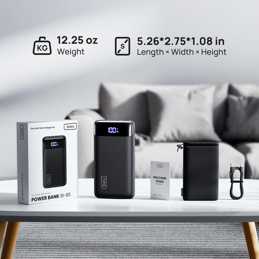 INIU Portable Charger, 22.5W 20000mAh USB C in & Out Power Bank Fast Charging, PD 3.0+QC 4.0 LED Display Phone Battery Pack Compatible with iPhone 16 15 14 13 Pro Samsung S23 Google iPad Tablet, etc