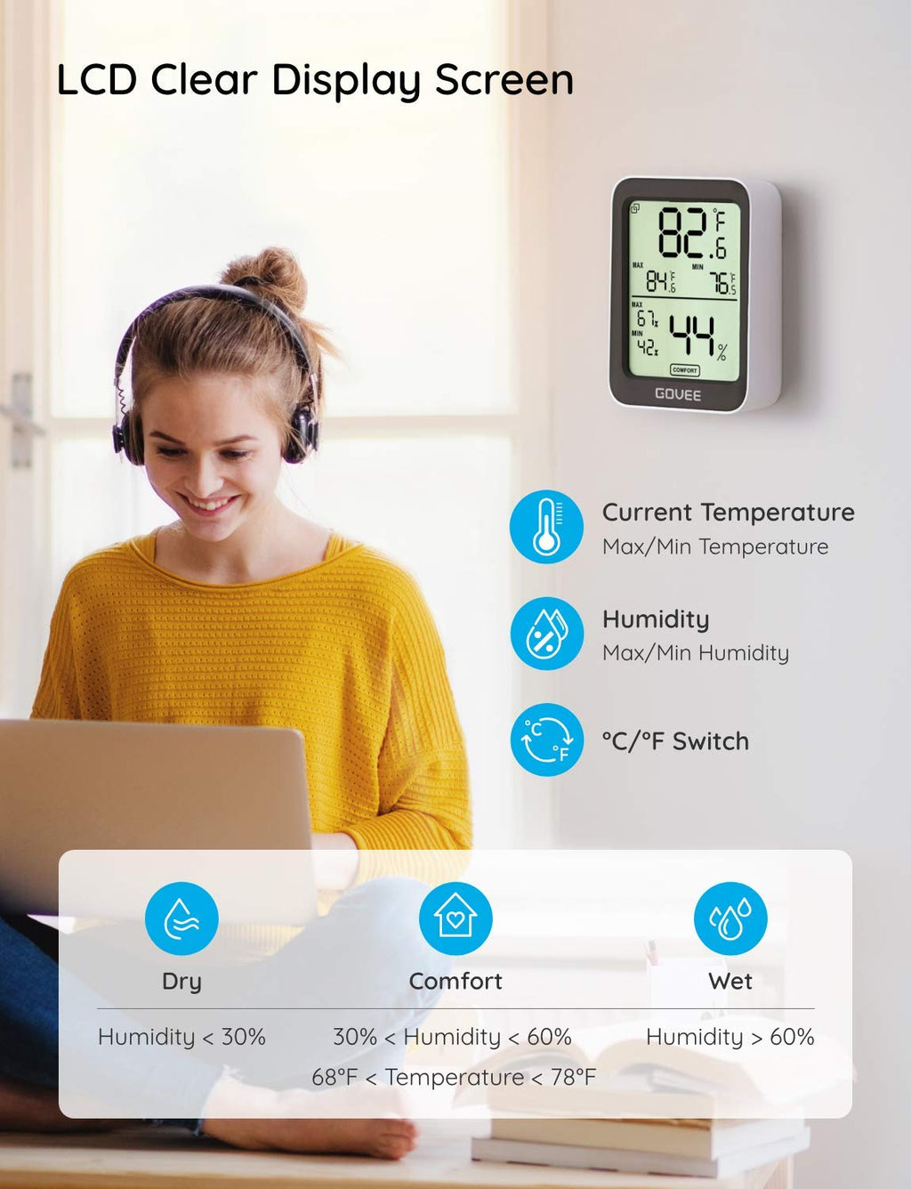 Govee Hygrometer Thermometer H5075, Bluetooth Indoor Room Temperature Monitor Greenhouse Thermometer with Remote App Control, Notification Alerts, 2 Years Data Storage Export,LCD