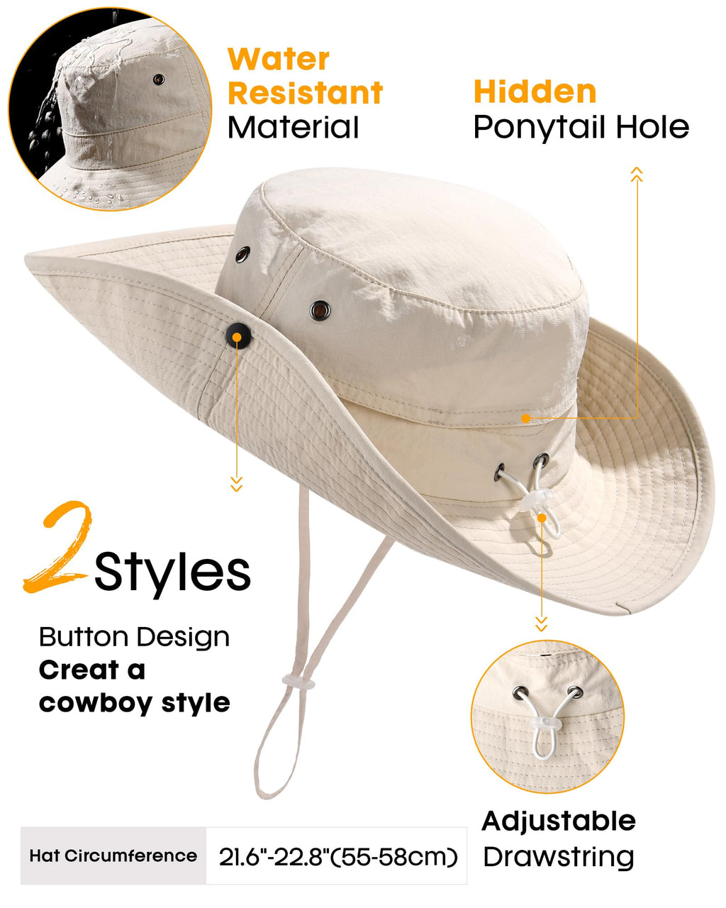 Sun Hats for Women Ponytail UV Protection Beach Summer Hat Wide Brim Packable Cowboy Hat Beige