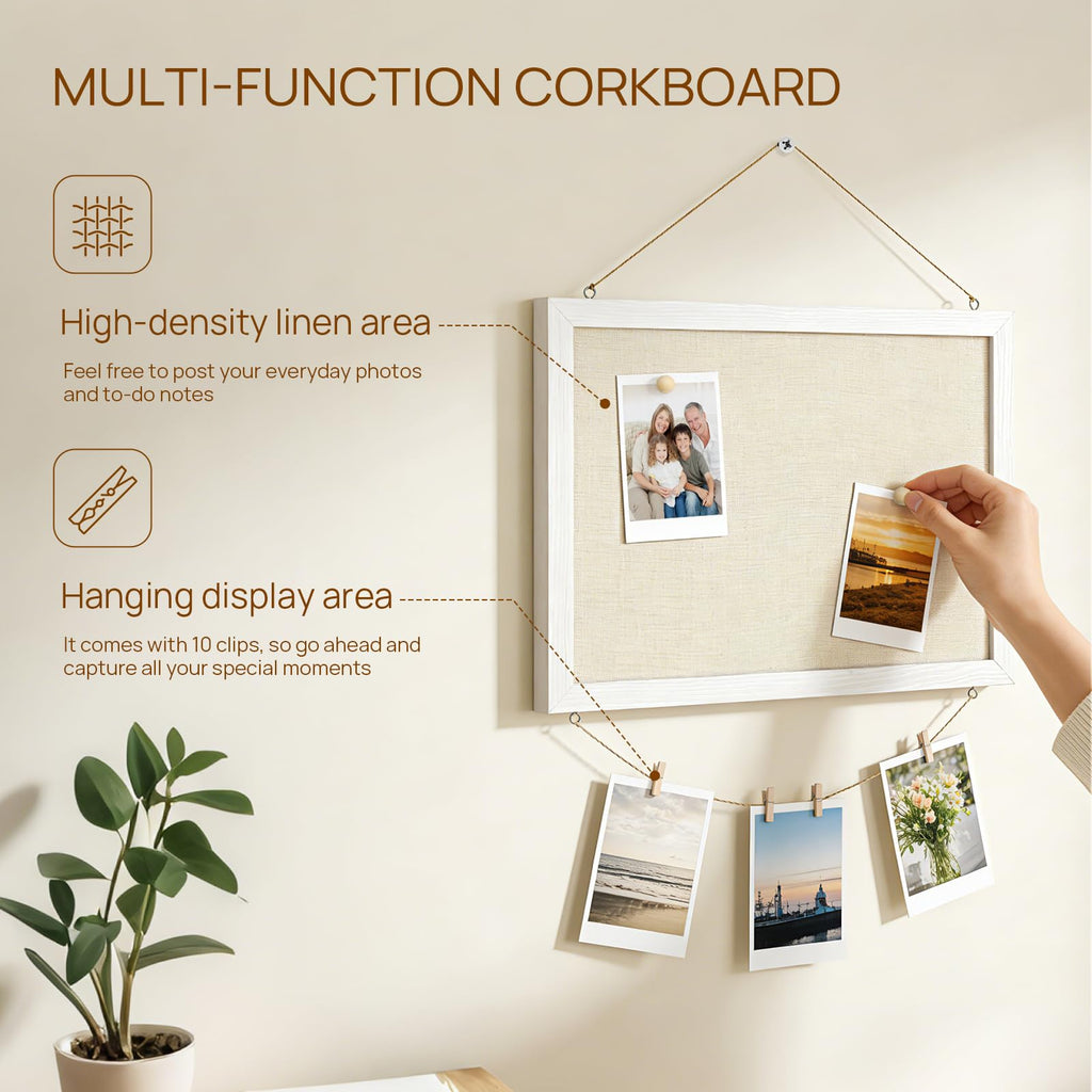 Bulletin Boards with Linen 1-Pack 16''X 12'' Double-Sided Cork Board for Walls Wood Framed Bulletin Boards, Small Pin Board for Home Kitchen Office Decorative Hanging 10 Pushpins