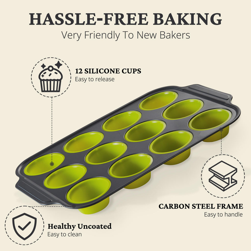 BRONYPRO Silicone Muffin Pans for Baking with Metal Frame, Egg Bite Maker Silicone Molds, Cupcake Pans 12 Regular Size, Muffin Tins Easy to Pop Nonstick Non Toxic Bakeware for Oven, Lime Green