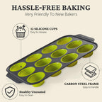BRONYPRO Silicone Muffin Pans for Baking with Metal Frame, Egg Bite Maker Silicone Molds, Cupcake Pans 12 Regular Size, Muffin Tins Easy to Pop Nonstick Non Toxic Bakeware for Oven, Lime Green
