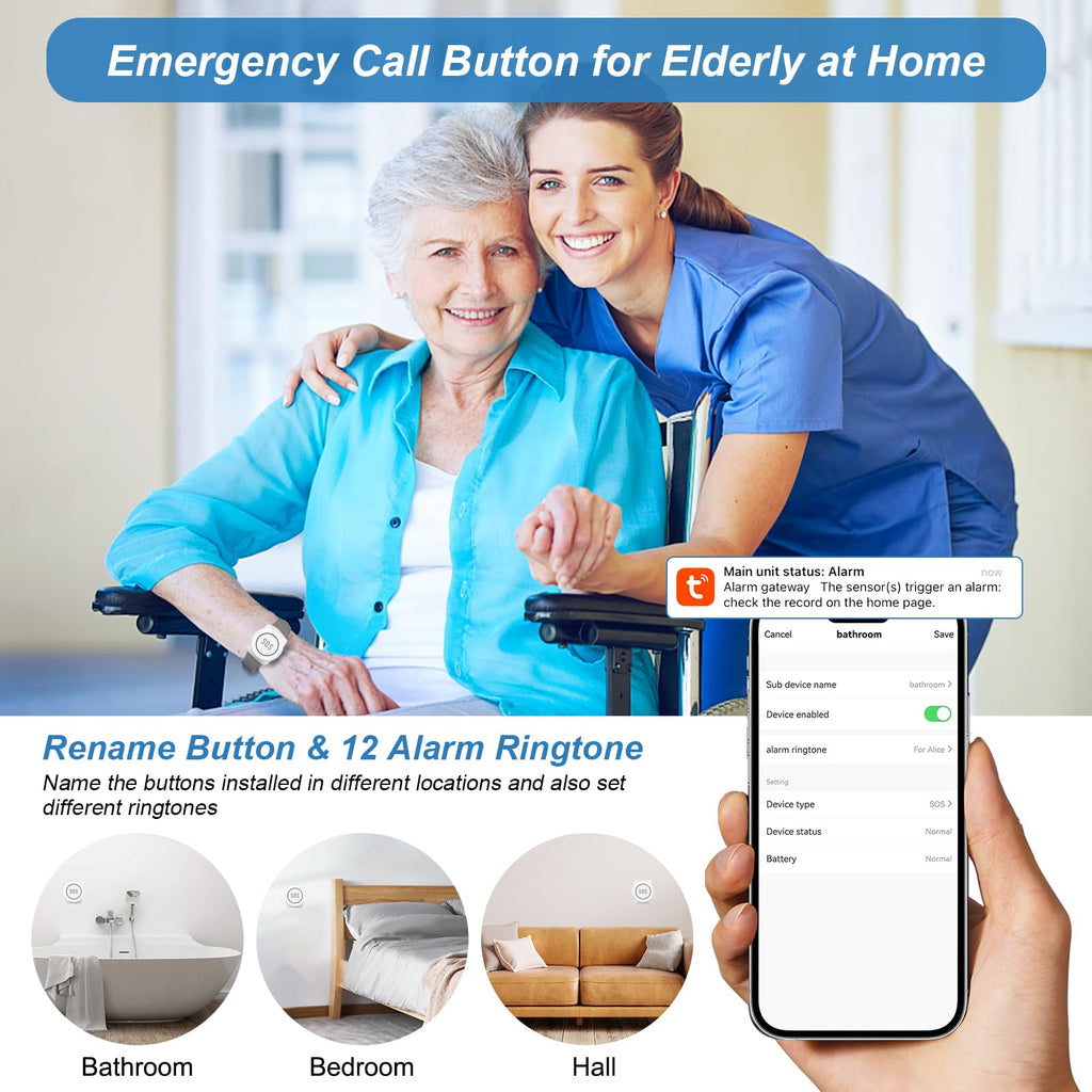 WiFi Caregiver Pager Call Button Life Alert Systems for Seniors No Monthly Fee Emergency Button for Elderly Patient Disabled 1 Alert Watch 1 Receiver(only Supports 2.4GHz & No Monthly Fee)