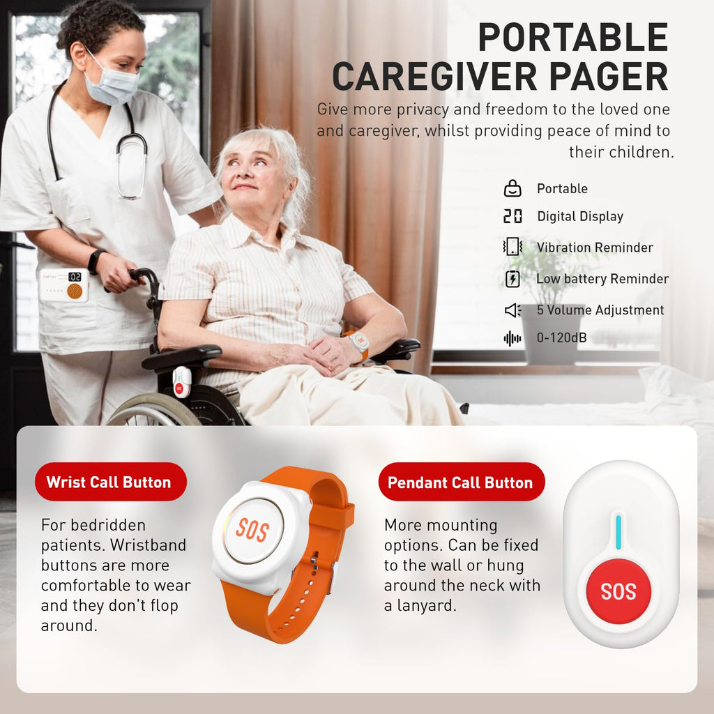CallToU Wireless Caregiver Pager Portable Alarms for Elderly Wrist Call Button Caregiver Alert Paging System Vibrate Pager with Digital Display Nurse Call Bell Help Button, Alert Button for Seniors