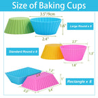 24Pack Silicone Muffin Cups, Reusable Cupcake Liners Molds for Baking, 3 Shapes Lunch Box Bento Dividers-Round, Square, and Rectangular (Colorsful, Large Size)