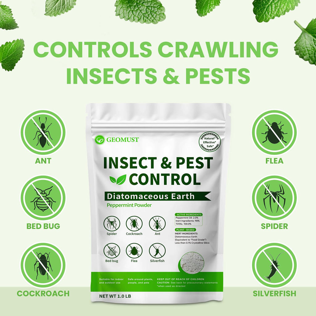 Diatomaceous Earth Food Grade and Peppermint Oil Insect Killer, Natural Crawling Pest Control for Home Garden, Kills Ants, Roaches, Fleas, Bed Bugs Silverfish, Indoor Outdoor Use, 1 lb