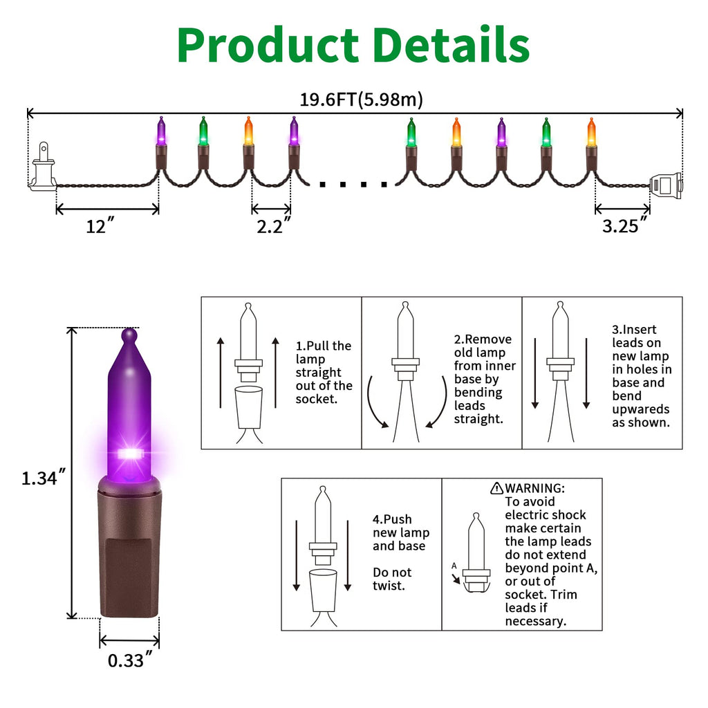 LAMPHOME Super-Bright Extendable Orange Purple and Green halloween Lights Decoration 100Lights 19.6ft UL Certified Mini Bulb String Lights Set for Outdoor Halloween Christmas Tree Garden Holiday Decor