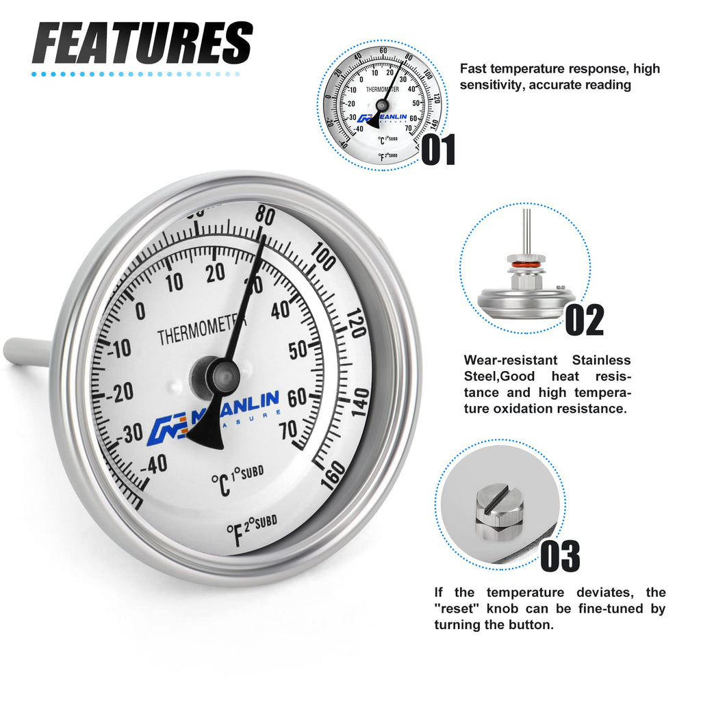 MEANLIN MEASURE 1/2" NPT Bimetal Thermometer for hot Water, boilers, and Pipes，3.3" Dial, 1-7/8" Stainless steel Stem，Temperature Range -40-160°F/-40-70 ° C, Accuracy 2%,Center Back Mount