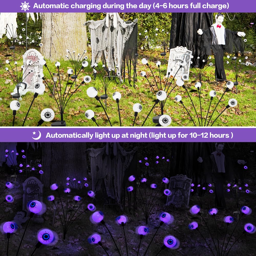 2PACK Scary Eyeballs Solar Garden Lights Halloween Decorations Outdoor,Swaying Firefly with 12LED Purple Spooky Lights - Waterproof Ornaments Solar Halloween Lights for Lawn, Patio, Party Decor