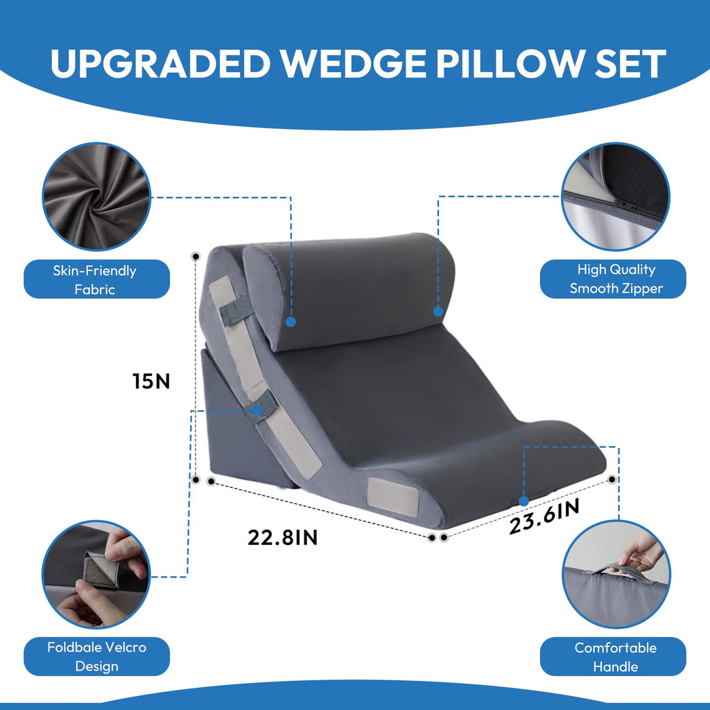 Ahpmeoa 3PCS Orthopedic Bed Wedge Pillow Set for Sleeping, Sitting up in Bed, 6-in-1 Foam Wedge Pillow for Acid Reflux & Back Pain Relief, Post Surgery Pillows for GERD & Snoring, Plush Grey