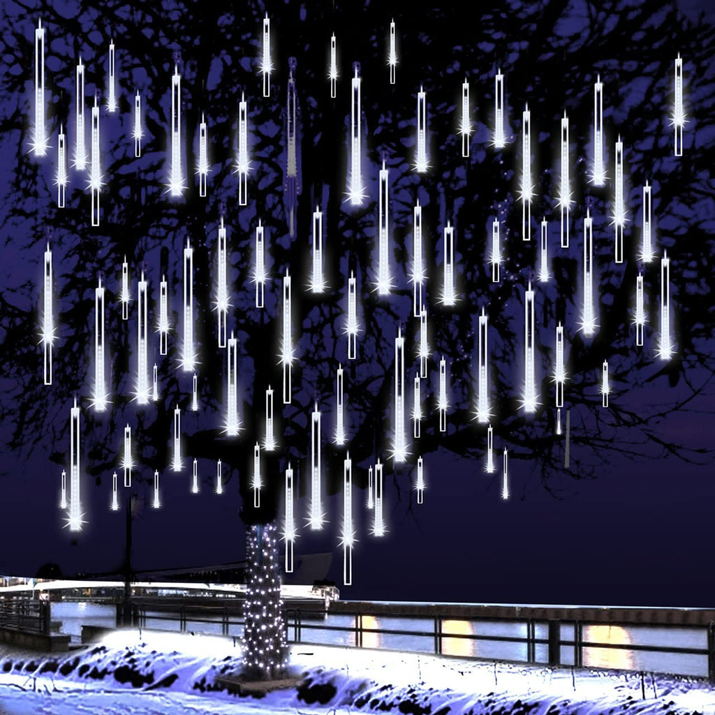 Adecorty Christmas Lights Outdoor, Meteor Shower Lights 8 Tubes 192LED UL Certified Snow Falling Rain Cascading Icicle Lights for Xmas Tree Christmas Decorations Outdoor Wedding Party Window, White