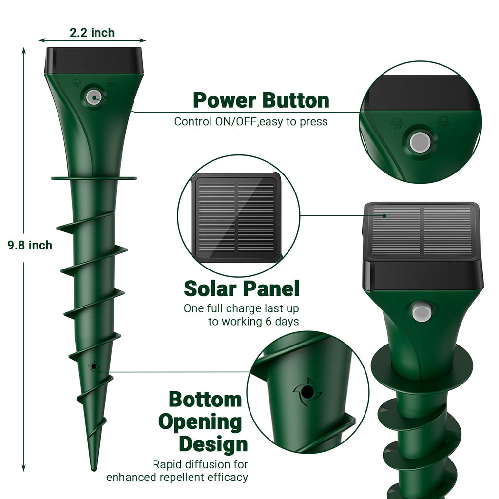 Mole Repellent Solar Powered, 8 Pack Snake & Skunk Repellent for Yard, Ultrasonic Mole Stakes for Lawns, IP65 Waterproof Gopher Repellent to Get Rid of Gopher, Vole, Chipmunk and Groundhog for Farm