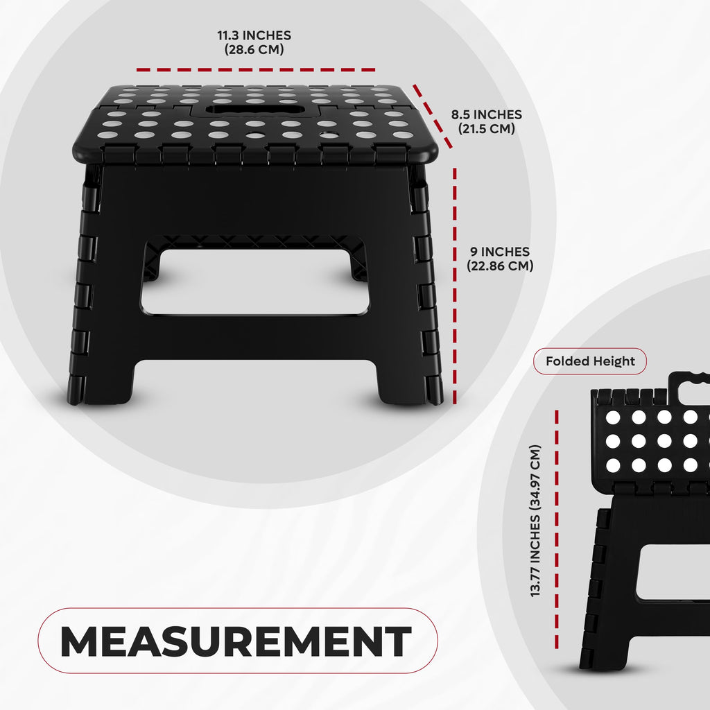 Folding Step Stool with Handle – 9 Inch Anti Slip Collapsible Stool – Holds Up to 300 lbs – Sturdy Plastic Step Stool Foldable for Kitchen, Bathroom and Home Use (1-Pack, Black)