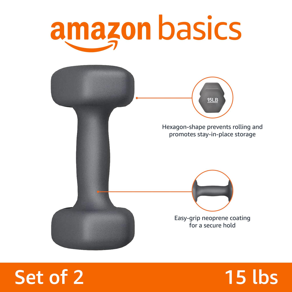 Amazon Basics Neoprene Coated Hexagon Workout Dumbbell Hand Weight, 30 Pounds, 15 pound (Set of 2), Dark Grey
