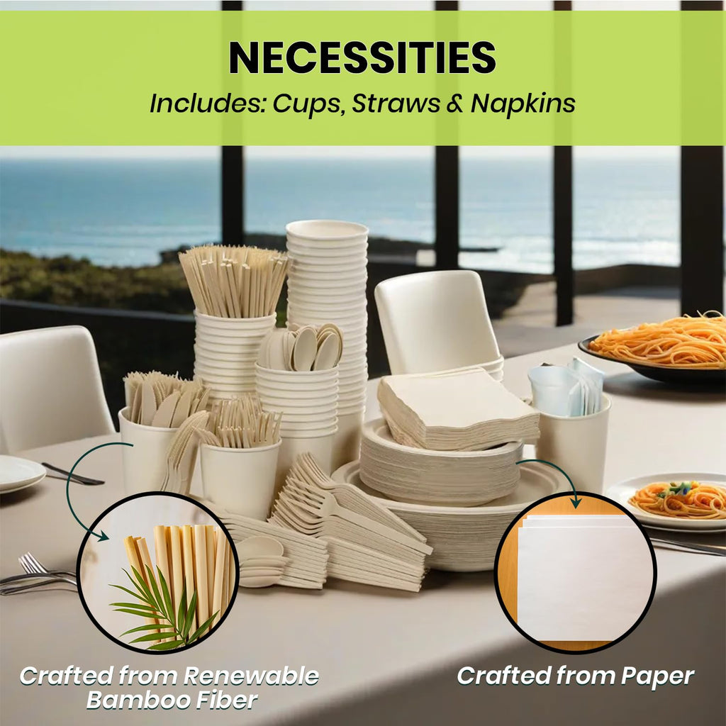 ALPIO 400 Piece Compostable Dinnerware Set for 50 Guests, Biodegradable Paper Plates Set, Eco-Friendly Disposable Plates & Utensils include Paper Plates, Forks Knives Spoons Straws Napkins for Party