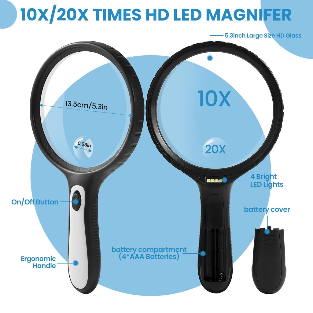 Large magnifying glass with light, 10x 20x handheld clear magnifying glass with 4 LED high brightness lights, free storage bag, cleaning cloth, suitable for The elderly to read, check
