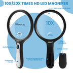 Large magnifying glass with light, 10x 20x handheld clear magnifying glass with 4 LED high brightness lights, free storage bag, cleaning cloth, suitable for The elderly to read, check