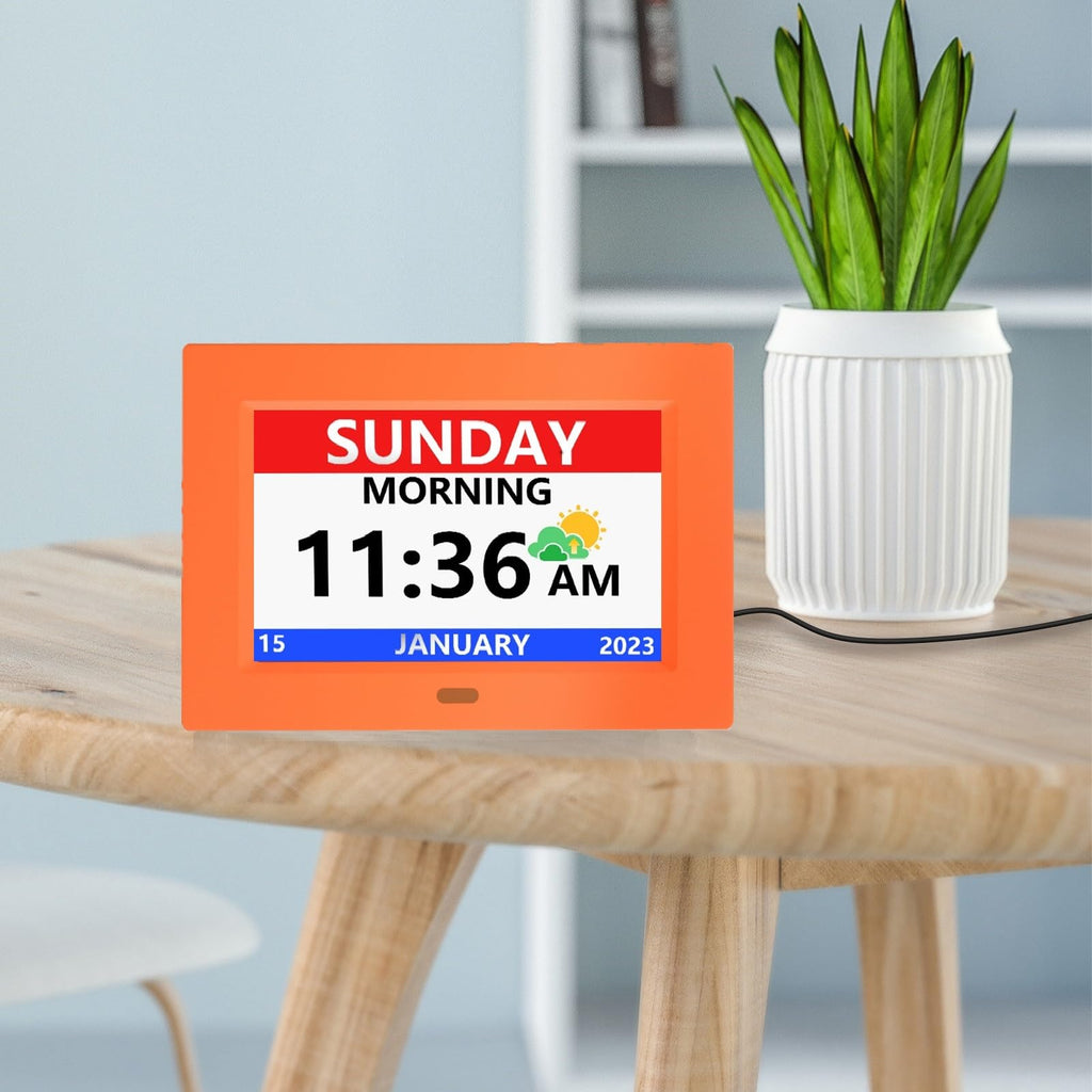LXBYJKJ 7 Inch Digital Clock with Day and Date for Elderly Alzheimer's Dementia Clock Customizable Alarms 3 Display Modes Large Font Digital Alarm Clock for Seniors Orange