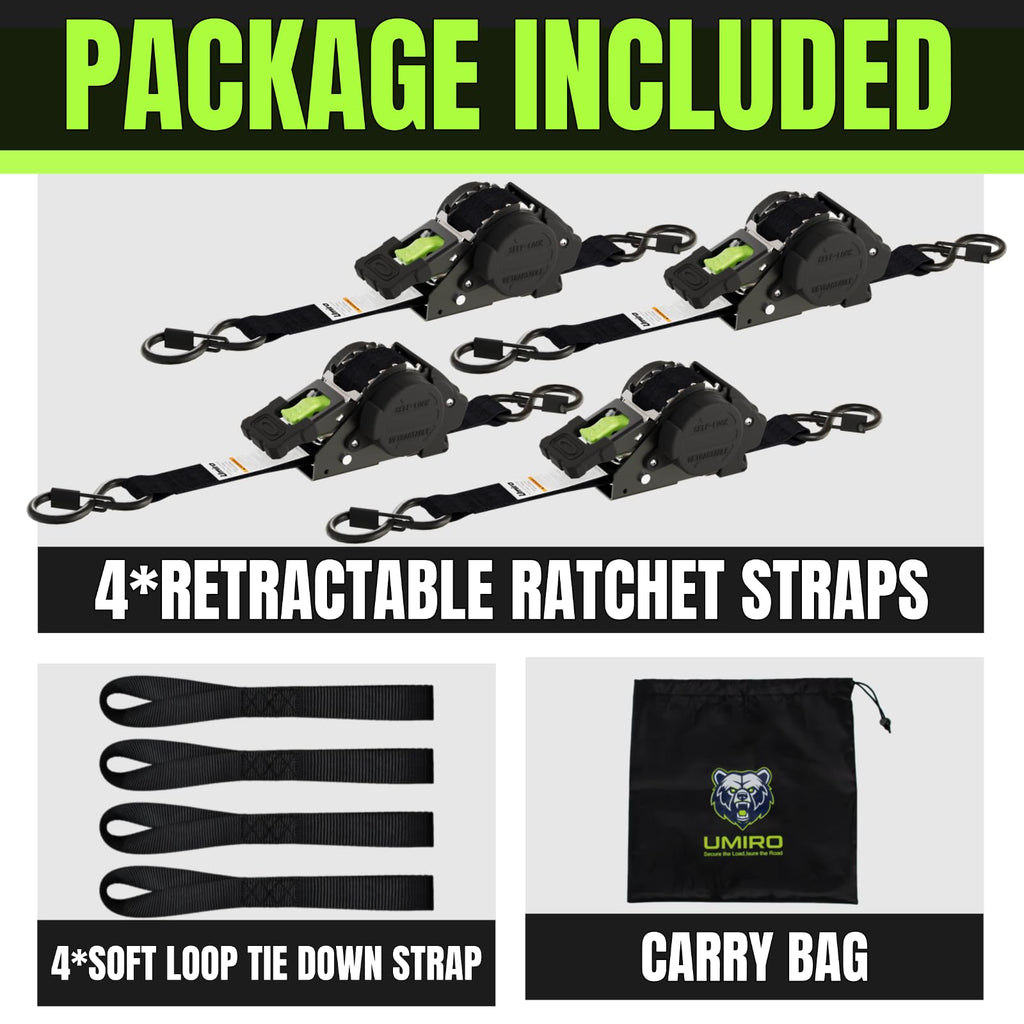 Retractable Ratchet Straps, 4-Pack, 1 Inch x 12 Feet Heavy Duty Tie Downs, 1760lb Break Strength, Self Retracting for Truck, Cargo, Trailer, Motorcycle, ATV, UTV (Black-Green, 4pack)