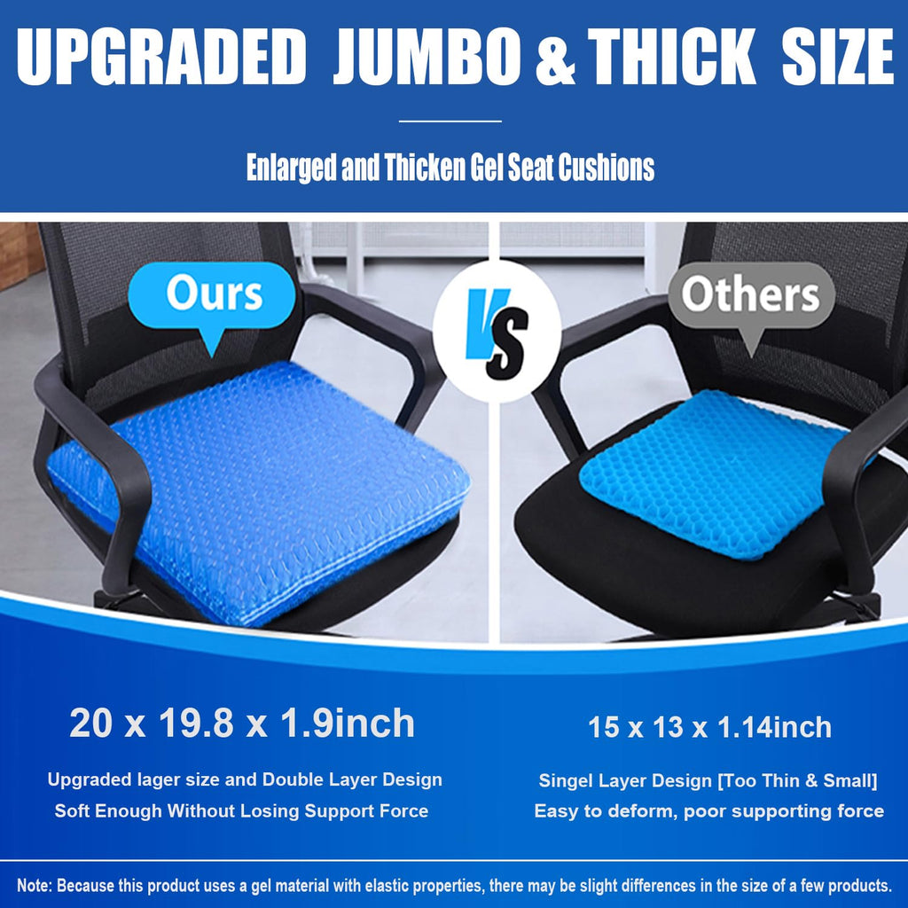 20" Gel Seat Cushion for Long Sitting(Jumbo&Thick) – Office Chair Cushion – Wheelchair Cushions for Pressure Sores – Non-Slip Desk Chair Car Seat Cushion Driving – Sciatica & Back Pain Relief