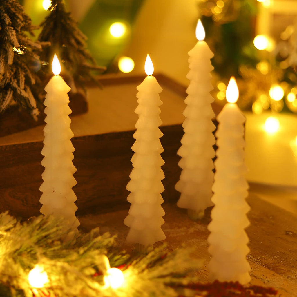 Fo32won Snowy White LED Flameless Taper Candles Battery Operated with Remote and Timer, Set of 4 Christmas Real Wax Window Candlesticks with 3D Flame Wick, 10 Inches Flickering Christmas Candlesticks