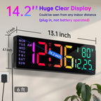 Soobest 14" Large Remote Digital Wall Clock with Timer for Living Room Home Gym, Plug in Big LED Electric Color Changing Clock with Date Day of Week Temperature Display for Elderly Seniors, Auto DST