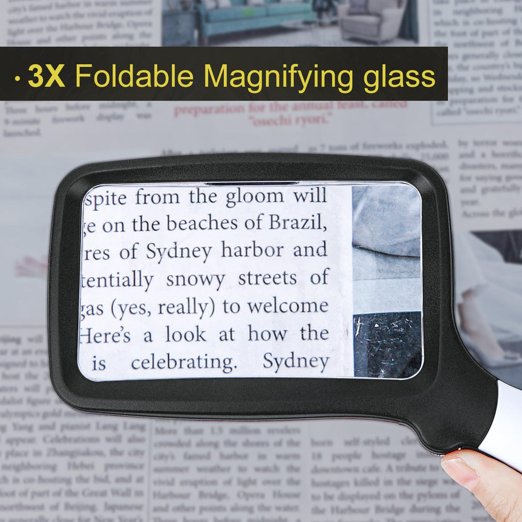 Arsir 3X Folding Magnifying Glass with Light, Retancular Lighted Magnifier with 5 LED Lights, Handhold Page Magnify Lens Seniors Gift for Reading Books, Coins, Maps, Inspection, Kid Exploring -Black